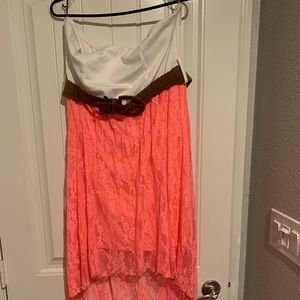 Salmon strapless lace high low dress